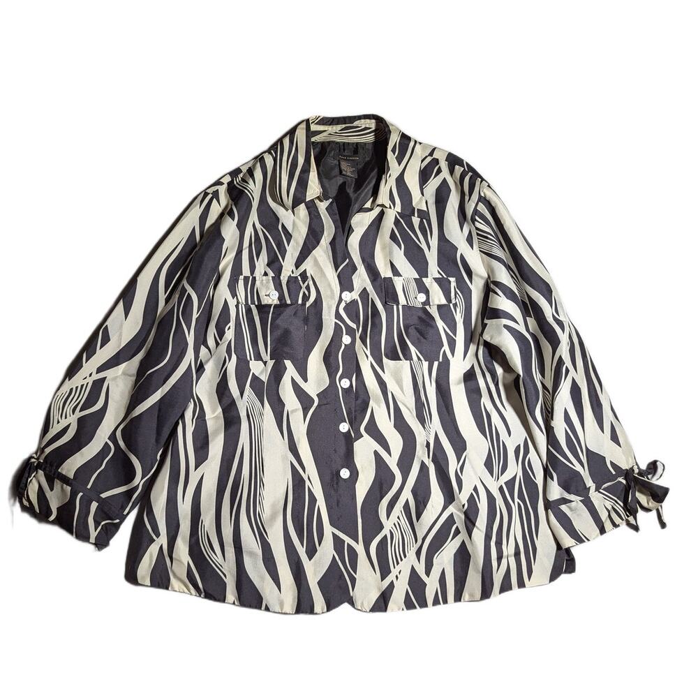 Vtg Y2K Anne Carson Black Ivory 100% Silk Abstract Stripe Button Up Blouse Sz L